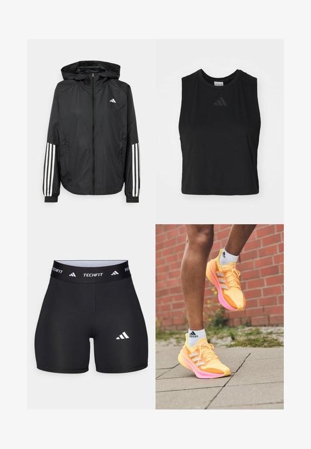 Svart lett jakke med hette, med full glidelås foran, elastiske mansjetter og hvite tre-stripes detaljer på ermene.; Svart, kortermet, ermeløs topp laget av mykt stoff, med rund halslinning og en subtil preget logo på brystet.; Svart shorts laget av elastisk stoff med en tettsittende design. Har en bred svart midjebånd merket "TECHFIT" og en hvit logo på benet.; Lyse gule joggesko med rosa accenter og hvite striper, med mesh-overdel, lett design og teksturert såle.