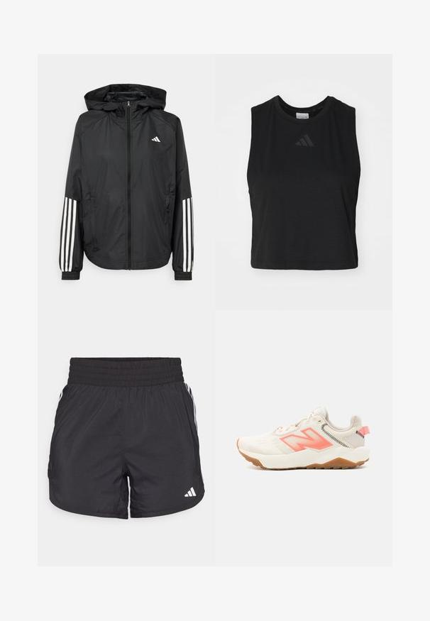 Veste légère noire avec capuche, dotée d'une fermeture à glissière intégrale, de poignets élastiques et d'accents blancs à trois rayures sur les manches.; Haut noir sans manches retroussé en tissu doux, avec un col rond et un logo en relief discret au niveau de la poitrine.; Shorts de sport noirs avec une taille élastique, des poches latérales et des accents de rayures blanches sur les côtés. Fabriqués en matériau léger.; Chaussure de sport beige avec un dessus texturé, des accents roses et une semelle en gomme claire. Présente un logo 'N' bien en évidence et un design léger et rembourré.