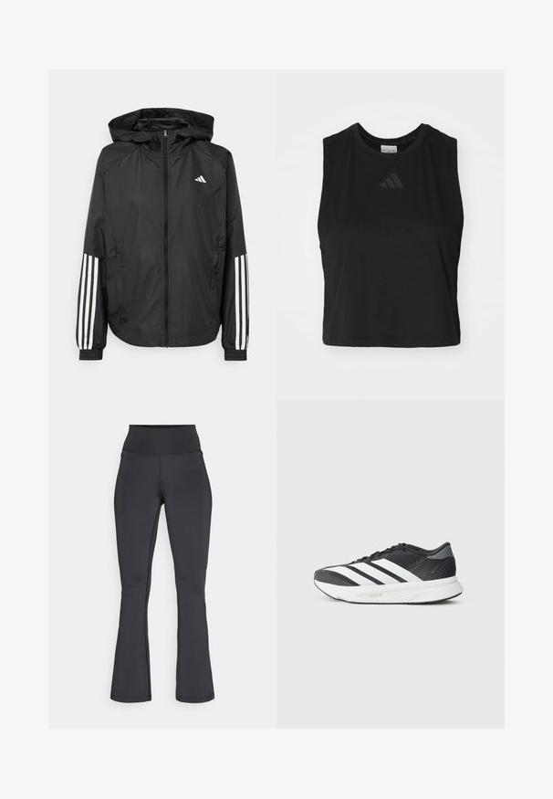 Čierna ľahká bunda s kapucňou, s celoprsným zipsom, elastickými manžetami a bielymi trojprúžkovými akcentmi na rukávoch.; Čierny skrátený bezrukávový top vyrobený z jemnej tkaniny, s okrúhlym výstrihom a jemne embosovaným logom na hrudi.; Čierne legíny s vysokým pásom a rozšírenými nohavicami, s viditeľným prešitím, vyrobené z elastického, hladkého materiálu, zobrazené na plochu na bielom pozadí.; Čierna športová obuv s bielymi pruhmi, priedušný zvršok, mäkčená podrážka a elegantný dizajn. Na päte a jazyku sú akcenty sivej farby.
