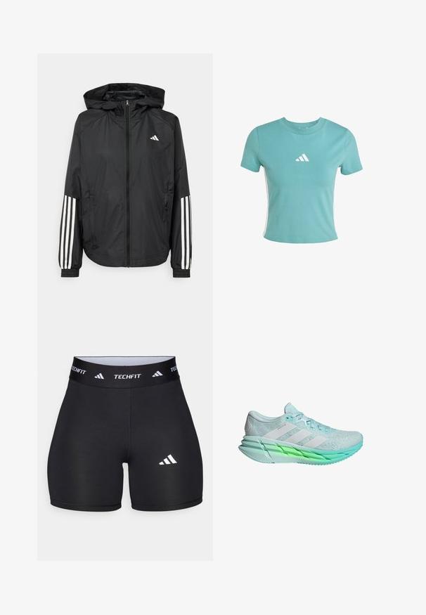 Zwarte lichtgewicht jas met een capuchon, met een volledige ritssluiting aan de voorkant, elastische manchetten en witte accenten met drie strepen op de mouwen.; Korte mouw teal T-shirt van katoen, met een wit Adidas-logo op de borst en witte zijstrepen langs de naden.; Zwarte shorts van rekbaar materiaal met een getailleerd ontwerp. Beschikt over een brede zwarte tailleband met het label "TECHFIT" en een wit logo op het been.; Lichtblauwe hardloopschoen met een gestructureerde mesh bovenkant, drie witte strepen en een groengetinte zool. De schoen heeft een gevoerde kraag en vlakke veters.