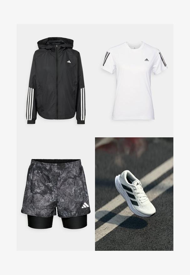 Zwarte lichtgewicht jas met een capuchon, met een volledige ritssluiting aan de voorkant, elastische manchetten en witte accenten met drie strepen op de mouwen.; Witte sportieve t-shirt gemaakt van glad, lichtgewicht materiaal. Heeft zwarte drie-streep-accenten op de schouders en een klein zwart logo op de borst.; Zwart en grijs gemusterde sportshorts over een strakke zwarte onderbroek, met een elastische tailleband en een wit merklogo.; Witte hardloopschoen met een gestructureerde bovenkant, zwart drie-stripes ontwerp, gevoerde kraag en lichte zool, gepositioneerd in de lucht boven een wegoppervlak.
