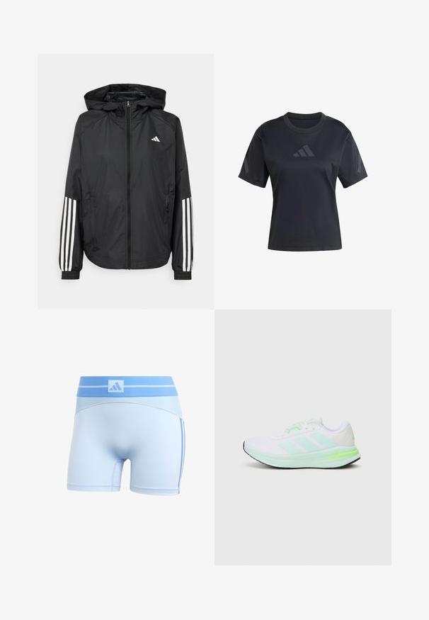 Black lightweight jacket with a hood, featuring a full zip front, elastic cuffs, and white three-stripe accents on sleeves.; Black athletic shirt with short sleeves, rounded neckline, and a smooth texture. Features a tone-on-tone logo on the front and sides.; Light blue athletic shorts with a fitted design. Features a ribbed waistband and subtle side stripes in a darker blue.; White athletic shoe with mesh upper, lime green accents, and black sole. Features three stripes design on the side and padded collar.