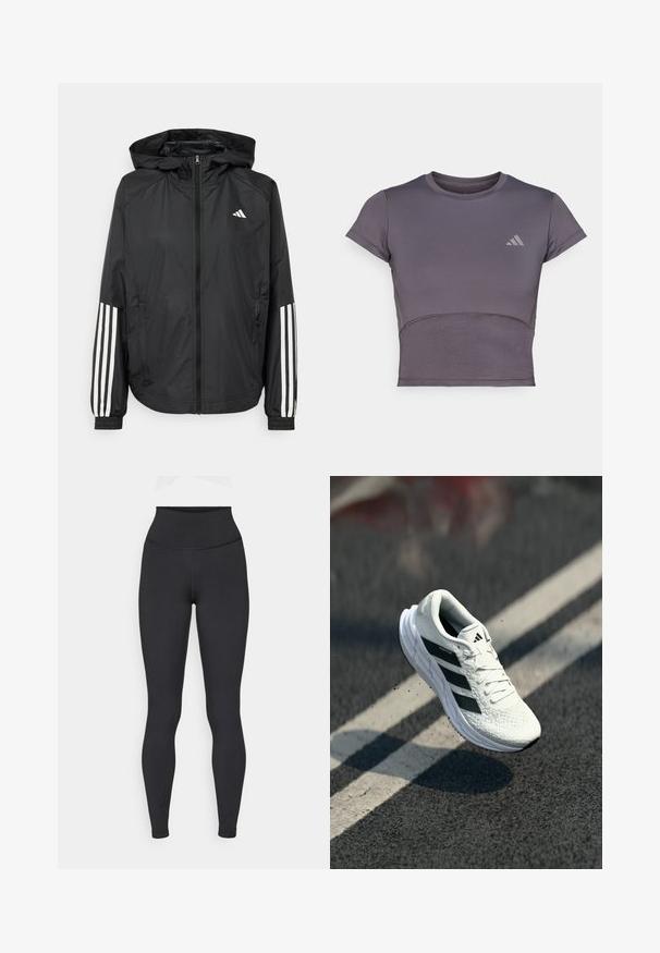 Melnā vieglā jaka ar kapuci, ar pilnu rāvējslēdzēju priekšā, elastīgām aprocēm un baltām trīs svītru akcentiem uz piedurknēm.; Īsām piedurknēm, pelēks sportisks īsais tops ar pieguļošu dizainu. Iezīmējas ar teksturētu audumu un smalku logo akcentu uz krūtīm. Gluda auduma virsma.; Augsta jostas melnie legingi, izgatavoti no elastīga materiāla, ar gludu tekstūru un pieguļošu dizainu, bez redzamām logotipiem vai rakstiem.; Baltas skrējiens apavi ar teksturētu augšdaļu, melns trīsliniju dizains, mīkstais apkakles, un viegla zole, novietoti gaisā virs ceļa virsmas.