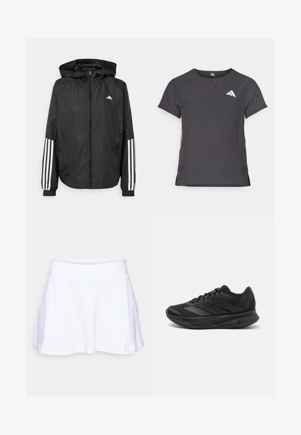 Jachetă ușoară neagră cu glugă, cu fermoar pe întreaga lungime, manșete elastice și accente albe cu trei dungi pe mâneci.; Tricou athletic cu mânecă scurtă, gri închis, cu textură perforată. Prezentă un logo alb și dungi contrastante pe laterale. Guler rotunjit.; adidas Performance CLUB SKIRT POCKET - Fustă sport - white; Adidas negre pentru alergare, cu un superior din plasă respirabilă, vârf rotunjit, design elegant, accente texturate și o talpă căptușită pentru confort.