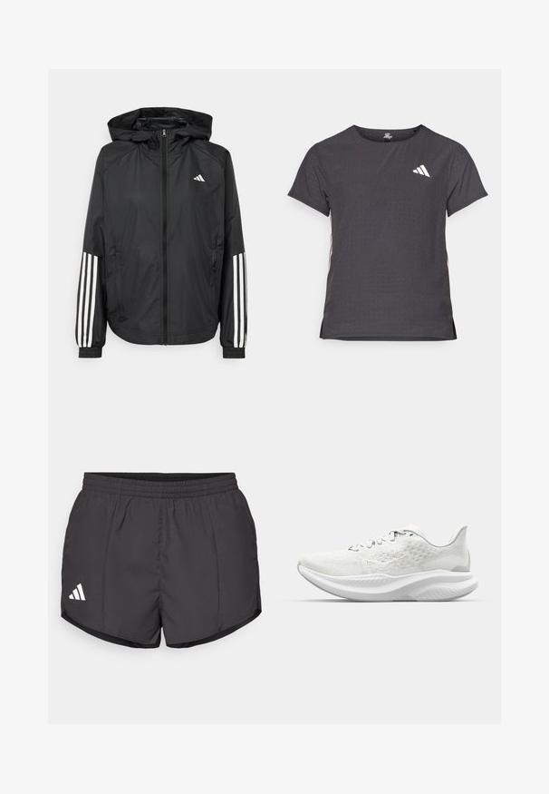 Musta kevyt takki hupparilla, jossa on täysipitkä vetoketju, elastiset hihansuut ja valkoiset kolmonauha-tyyliset yksityiskohdat hihoissa.; Lyhythihainen urheilupaita, tummanharmaa, jossa on reikäkudot. Ominaisuuksina valkoinen logo ja kontrastiväriset sivusuunnat. Pyöreä pääntie.; Mustat urheilushortsit kevyestä kankaasta, joissa on joustava vyötärö ja valkoinen Adidas-logo vasemmassa alakulmassa.; Valkoiset urheilukengät, joissa on tekstuuripinta, nauhakiristys ja pehmustettu pohja, jonka muotoilu on aaltoileva. Huomaamaton brändäys sivulla.