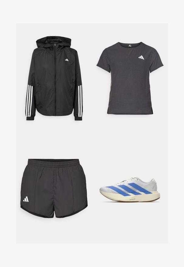 Casaco leve preto com capuz, apresentando um fecho de correr na frente, punhos elásticos e detalhes em branco com três riscas nas mangas.; T-shirt atlético de mangas curtas, cinza escuro com textura perfurada. Apresenta um logo branco e riscas laterais contrastantes. Decote arredondado.; Calções atléticos pretos feitos de tecido leve, com um cós elástico e um logo branco da Adidas no canto inferior esquerdo.; Sapatilha atlética branca com riscas azuis, superior texturizado, sola plana e marca "LIGHTSTRIKE PRO" na lateral. Design de perfil baixo.
