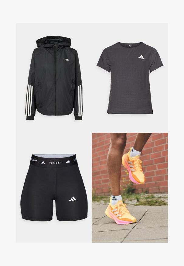 Melnā vieglā jaka ar kapuci, ar pilnu rāvējslēdzēju priekšā, elastīgām aprocēm un baltām trīs svītru akcentiem uz piedurknēm.; Īsām piedurkņu sporta T-krekls, tumši pelēks ar perforētu tekstūru. Iespējots ar baltu logotipu un kontrastējošām sānu svītrām. Apaļa kakla izgriezums.; Melnas šortus, izgatavotus no elastīga auduma, ar pieguļošu dizainu. Iezīmēts ar plašu melnu jostasvietu, uz kuras ir uzraksts "TECHFIT", un ar baltu logotipu uz kājas.; Spilgti dzelteni skriešanas apavi ar rozā akcentiem un baltu svītru, ar sietveida augšdaļu, vieglu dizainu un teksturētu zoli.