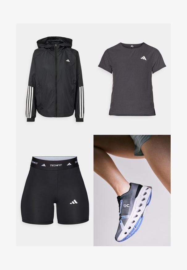 Zwarte lichtgewicht jas met een capuchon, met een volledige ritssluiting aan de voorkant, elastische manchetten en witte accenten met drie strepen op de mouwen.; Korte mouwen sport t-shirt, donkergrijs met geperforeerde textuur. Bevat een wit logo en contrasterende zijstrepen. Ronde halslijn.; Zwarte shorts van rekbaar materiaal met een getailleerd ontwerp. Beschikt over een brede zwarte tailleband met het label "TECHFIT" en een wit logo op het been.; On CLOUDECLIPSE - Hardloopschoenen voor op de weg - black frost