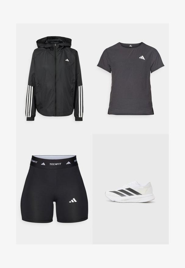 Juodas lengvas džemperis su gobtuvu, turi pilną užtrauktuką priekyje, elastingas rankovių gumytes ir baltus tris juostų akcentus ant rankovių.; Trumpas rankovėmis sportinis marškinėlis, tamsiai pilkas, su perforuota tekstūra. Yra baltas logotipas ir kontrastingos šoninės juostos. Iškirptė suapvalinta.; Juodi šortai, pagaminti iš tamprių medžiagų, su prigludusia forma. Yra platus juodas juosmuo, pažymėtas "TECHFIT", ir baltas logotipas ant kojos.; Baltos sportinės bateliai su juodomis įstrižainėmis, tinklinė viršutinė dalis, apvalus pirštas ir tekstūruotas padas. Priedai apima sidabrinį kulną ir minimalistinį dizainą.