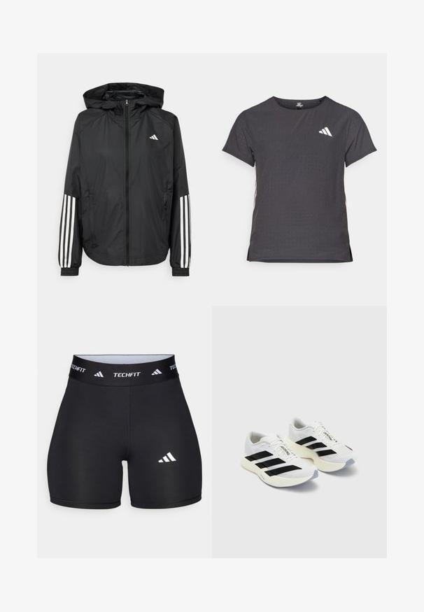 Juodas lengvas džemperis su gobtuvu, turi pilną užtrauktuką priekyje, elastingas rankovių gumytes ir baltus tris juostų akcentus ant rankovių.; Trumpas rankovėmis sportinis marškinėlis, tamsiai pilkas, su perforuota tekstūra. Yra baltas logotipas ir kontrastingos šoninės juostos. Iškirptė suapvalinta.; Juodi šortai, pagaminti iš tamprių medžiagų, su prigludusia forma. Yra platus juodas juosmuo, pažymėtas "TECHFIT", ir baltas logotipas ant kojos.; Balti sportiniai bateliai su juodomis juostomis ir ženklinimu, turintys tinklelio viršutinę dalį, apvalų pirštą ir storą grietinę spalvos padą, skirtą amortizacijai.