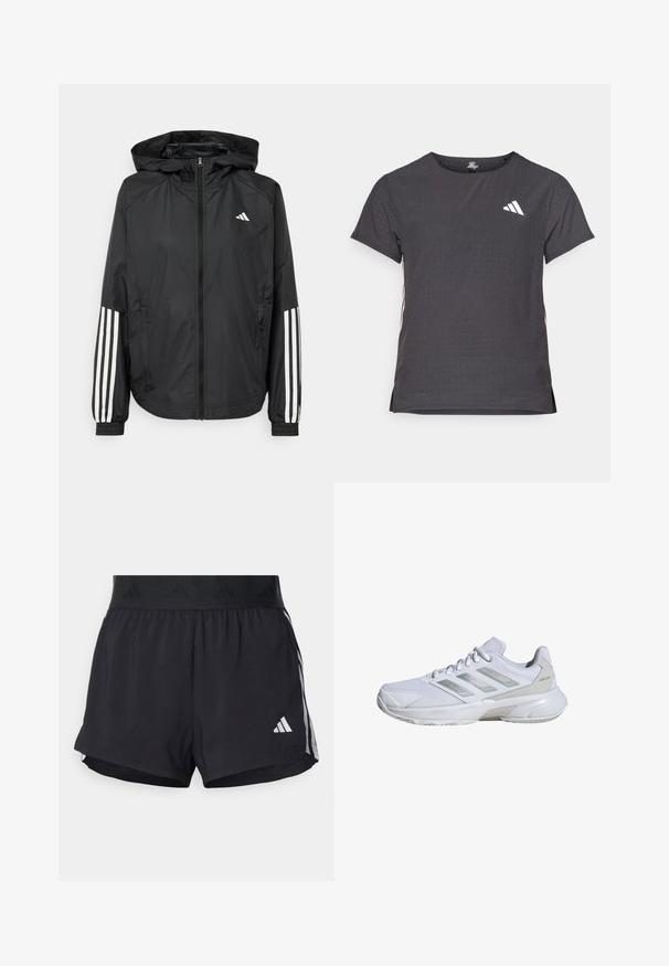 Juodas lengvas džemperis su gobtuvu, turi pilną užtrauktuką priekyje, elastingas rankovių gumytes ir baltus tris juostų akcentus ant rankovių.; Trumpas rankovėmis sportinis marškinėlis, tamsiai pilkas, su perforuota tekstūra. Yra baltas logotipas ir kontrastingos šoninės juostos. Iškirptė suapvalinta.; Juodos sportinės šortai su elastinga juosta, su tekstūruota juosta, šoninėmis juostelėmis ir baltu Adidas logotipu apatinėje dalyje.; Balti sportiniai batai su kvėpuojančia tinkline viršutine dalimi, sidabrinės detalės, paminkštintas padas ir saugios raišteliai. Tekstūruoti panele šonuose.