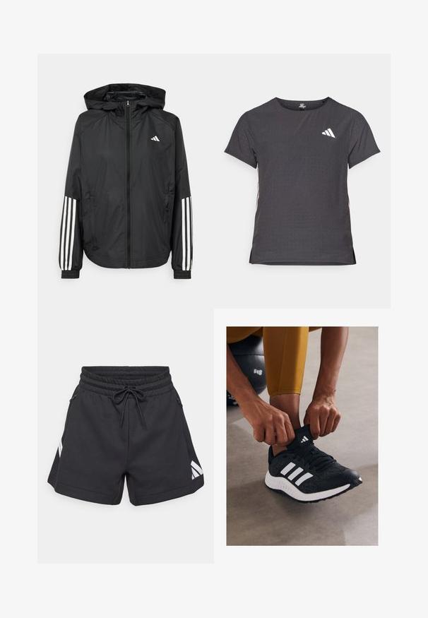 Svart lett jakke med hette, med full glidelås foran, elastiske mansjetter og hvite tre-stripes detaljer på ermene.; Kortermet treningstrøye, mørkegrå med perforert tekstur. Har en hvit logo og kontrasterende side-striper. Rund halslinje.; Sorte trening shorts med elastisk liv og snøring. Har to sidelommer og en hvit skrå logo på siden.; Svart atletisk sko med hvite striper, teksturert overdel og gummisåle. En person justerer sokkekragen mens de sitter på en grå overflate.