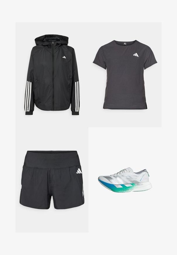 Svart lätt jacka med huva, som har full dragkedja framtill, elastiska ärmslut och vita tre-stripes accenter på ärmarna.; Kortärmad atletisk t-shirt, mörkgrå med perforerad textur. Har en vit logotyp och kontrasterande sidostripes. Rundad halsringning.; Svarta sportshorts med bred resår i midjan, lättviktstyg och vita logodetaljer på nedre sidan.; Vit löparskor med silverdetaljer, sula med en blå-till-grön gradient, texturerad ovandel och tre diagonala ränder på sidan.