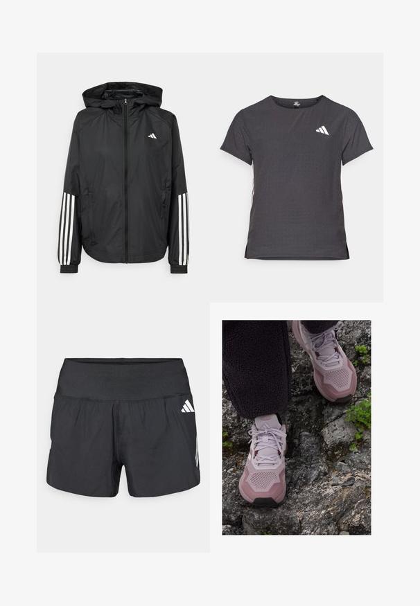 Giacca leggera nera con cappuccio, caratterizzata da una zip frontale completa, polsini elastici e accenti bianchi a tre strisce sulle maniche.; T-shirt atletico a maniche corte, grigio scuro con texture perforata. Presenta un logo bianco e strisce laterali a contrasto. Girocollo.; Pantaloncini sportivi neri con una fascia elastica larga in vita, tessuto leggero e dettagli del logo bianco sul lato inferiore.; Scarpe da ginnastica viola chiaro con tomaia in rete testurizzata, punta rinforzata e suola in gomma, posizionate su un terreno roccioso con accenti verdi.