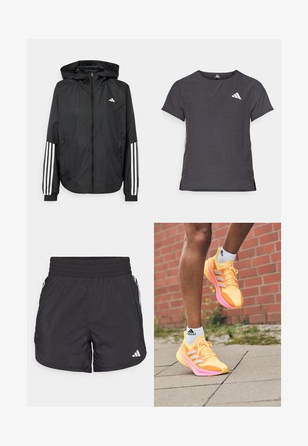 Jachetă ușoară neagră cu glugă, cu fermoar pe întreaga lungime, manșete elastice și accente albe cu trei dungi pe mâneci.; Tricou athletic cu mânecă scurtă, gri închis, cu textură perforată. Prezentă un logo alb și dungi contrastante pe laterale. Guler rotunjit.; Șorturi atletice negre, cu talie elastică, buzunare laterale și accente albe pe laterale. Fabricate dintr-un material ușor.; Pantofi de alergare galbeni strălucitori cu accente roz și dungi albe, având un exterior din plasă, un design ușor și o talpă texturată.