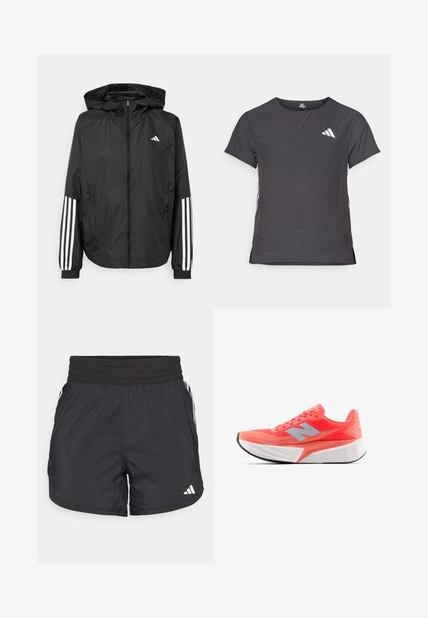 Chaqueta ligera negra con capucha, que cuenta con un cierre frontal de cremallera completa, puños elásticos y acentos blancos de tres rayas en las mangas.; Camiseta atlética de manga corta, gris oscuro con textura perforada. Presenta un logo blanco y rayas laterales en contraste. Escote redondeado.; Pantalones cortos deportivos negros con cintura elástica, bolsillos laterales y detalles de rayas blancas en los lados. Hechos de un material ligero.; Zapatilla de running ligera en un vibrante color coral con parte superior de malla y logo plateado. Media suela blanca texturizada y suela de goma negra distintivas.