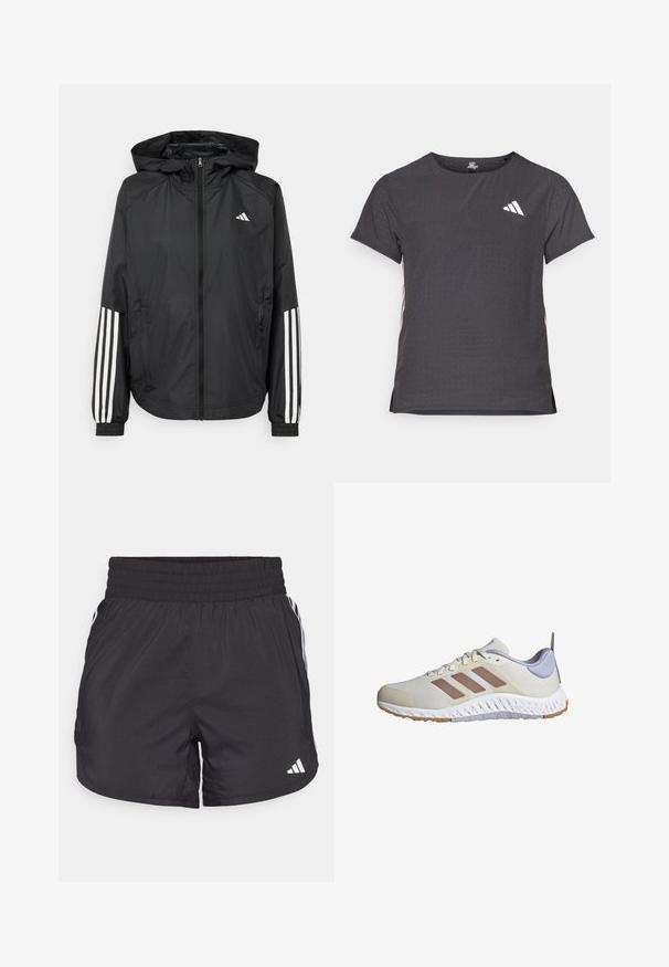 Crna lagana jakna s kapuljačom, s punim zdravo zatvaranjem, elastičnim manžetama i bijelim trostrukim trakama na rukavima.; Majica kratkih rukava za sport, tamno siva s perforiranim uzorkom. Ima bijeli logo i kontrastne bočne pruge. Zaobljeni izrez.; Crne atletske kratke hlače s elastičnom trakom u struku, bočnim džepovima i bijelim prugama sa strane. Izrađene su od laganog materijala.; adidas Performance EVERYSET VERSATILE - Tenisice za trening - chalk white warm clay violet tone