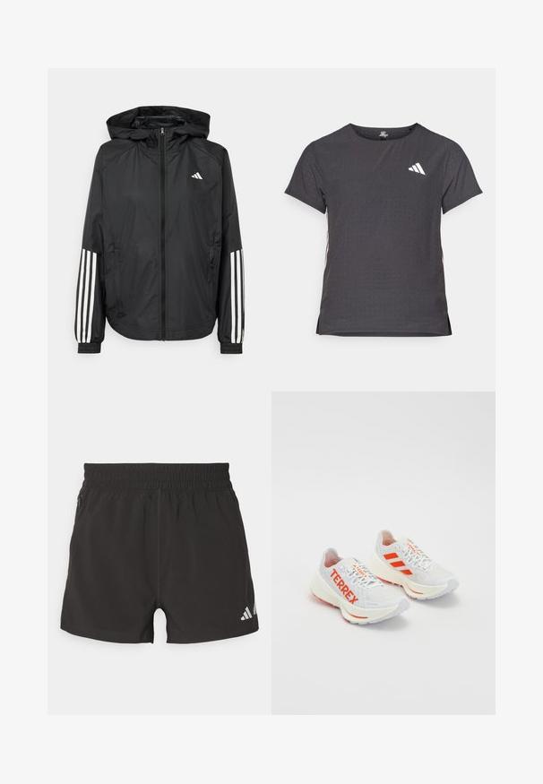 Veste légère noire avec capuche, dotée d'une fermeture à glissière intégrale, de poignets élastiques et d'accents blancs à trois rayures sur les manches.; T-shirt de sport à manches courtes, gris foncé avec une texture perforée. Présente un logo blanc et des rayures latérales contrastantes. Encolure arrondie.; Shorts de sport noirs en tissu léger. Dotés d'une taille élastique, d'une poche zippée sur le côté et d'un logo réfléchissant sur l'ourlet.; Baskets de course blanches avec des accents orange. Matériau en mesh, bout arrondi et semelle intermédiaire épaisse. "TERREX" imprimé sur le côté latéral et trois bandes au niveau du talon.