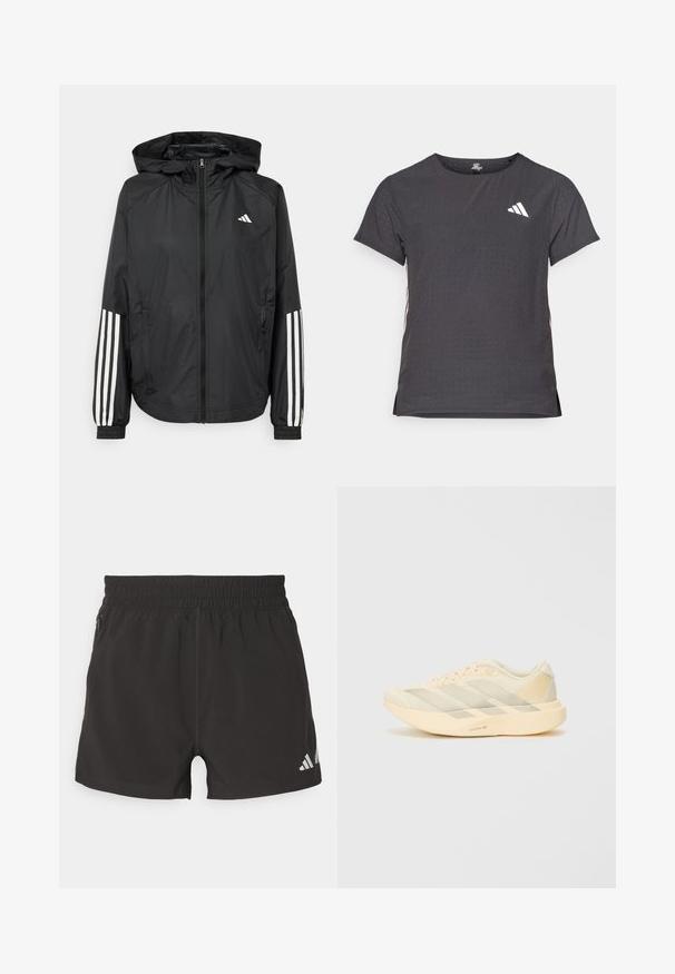 Svart lett jakke med hette, med full glidelås foran, elastiske mansjetter og hvite tre-stripes detaljer på ermene.; Kortermet treningstrøye, mørkegrå med perforert tekstur. Har en hvit logo og kontrasterende side-striper. Rund halslinje.; Svart treningshorts laget av lett materiale. Har elastisk midje, sidelomme med glidelås og et reflekterende logo på kanten.; Lettvekts atletisk sko i lys gul og krem, med et teksturert mesh-øvre, tre diagonale striper og en tykk såle med "LIGHTSTRIKE PRO" detalj.