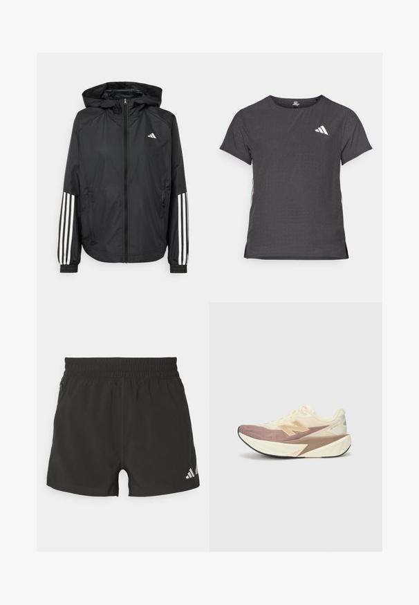 Veste légère noire avec capuche, dotée d'une fermeture à glissière intégrale, de poignets élastiques et d'accents blancs à trois rayures sur les manches.; T-shirt de sport à manches courtes, gris foncé avec une texture perforée. Présente un logo blanc et des rayures latérales contrastantes. Encolure arrondie.; Shorts de sport noirs en tissu léger. Dotés d'une taille élastique, d'une poche zippée sur le côté et d'un logo réfléchissant sur l'ourlet.; Chaussure de course avec un dessus crème, des accents roses et des détails gris. Présente une semelle épaisse avec une surface texturée et un logo proéminent.