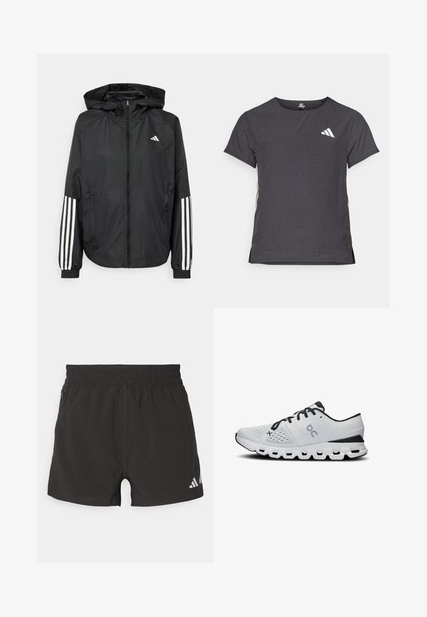 Musta kevyt takki hupparilla, jossa on täysipitkä vetoketju, elastiset hihansuut ja valkoiset kolmonauha-tyyliset yksityiskohdat hihoissa.; Lyhythihainen urheilupaita, tummanharmaa, jossa on reikäkudot. Ominaisuuksina valkoinen logo ja kontrastiväriset sivusuunnat. Pyöreä pääntie.; Mustat urheilushortsit, jotka on valmistettu kevyestä materiaalista. Niissä on joustava vyötärönauha, sivutasku vetoketjulla ja heijastava logo hemmassa.; Miestenské bežecké topánky z bielej sieťoviny s čiernymi akcentmi. Obsahujú textúrovaný zvršok, šnurovanie a robustnú bielu podrážku s výrezmi.