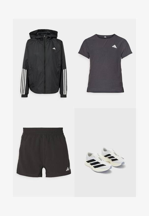 Mustikas kerge jope kapuutsiga, eesmise täispika zipiga, elastsete varrukate ja valgete kolme triibu aktsentidega varrukatel.; Lühikese varrukaga sportlik T-särk, tumehall, perforatsiooni tekstuuriga. Omab valget logo ja kontrastset külgtriipu. Ümar kaelus.; Mustad mustriga mustad lühikesed püksid, mis on valmistatud kergest kangast. Omavad elastset vöökohta, külgmist tõmblukuga taskut ja peegeldavat logo põlves.; Valged spordijalatsid mustade triipude ja brändingu ning võrkkattega ülemise osa, ümarate näppudega ja paksu kreemika tallaga, mis tagab pehmenduse.