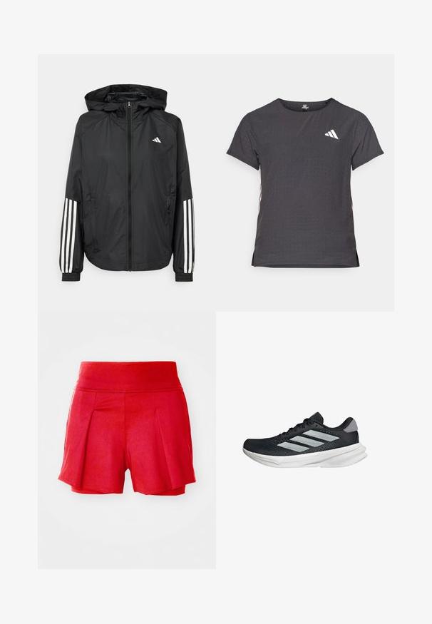 Musta kevyt takki hupparilla, jossa on täysipitkä vetoketju, elastiset hihansuut ja valkoiset kolmonauha-tyyliset yksityiskohdat hihoissa.; Lyhythihainen urheilupaita, tummanharmaa, jossa on reikäkudot. Ominaisuuksina valkoinen logo ja kontrastiväriset sivusuunnat. Pyöreä pääntie.; Punaiset shortsit, joissa on venyvä vyötärö, etupuolella on poimutuksia ja sileä pinta. Lyhyt pituus ja rento istuvuus kauttaaltaan.; Musta juoksukenkä, jossa on verkko-osa ylhäällä, kolme hopeista raitaa, valkoinen välipohja ja teksturoitu pohja. Varustettu pehmustetulla nilkkaremmeillä ja nauhakiinnityksellä.