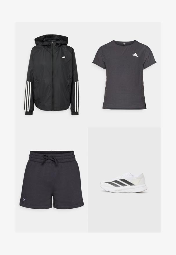 Melnā vieglā jaka ar kapuci, ar pilnu rāvējslēdzēju priekšā, elastīgām aprocēm un baltām trīs svītru akcentiem uz piedurknēm.; Īsām piedurkņu sporta T-krekls, tumši pelēks ar perforētu tekstūru. Iespējots ar baltu logotipu un kontrastējošām sānu svītrām. Apaļa kakla izgriezums.; Melni kokvilnas šorti ar elastīgu jostu un auklu. Iekļauj sānu kabatas un mazu logotipu kreisajā kājā.; Baltas sporta apavs ar melniem diagonāliem svītrām, sieta augšdaļa, noapaļota purngalu forma un teksturēta zole. Akcenti ietver sudraba papēdi un minimālistisku dizainu.