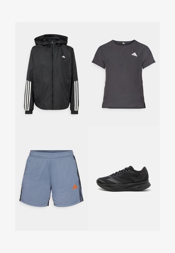 Veste légère noire avec capuche, dotée d'une fermeture à glissière intégrale, de poignets élastiques et d'accents blancs à trois rayures sur les manches.; T-shirt de sport à manches courtes, gris foncé avec une texture perforée. Présente un logo blanc et des rayures latérales contrastantes. Encolure arrondie.; Shorts de sport bleu clair avec une taille élastique, des rayures latérales noires et un logo adidas orange en bas à gauche.; Chaussure de course noire avec une tige en maille respirante, un bout arrondi, un design épuré, des accents texturés et une semelle rembourrée pour le confort.