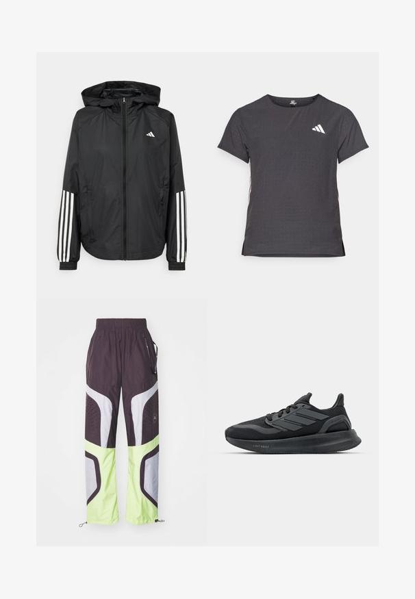 Črna lahka jakna s kapuco, z polnim zadrgo spredaj, elastikami na zapestjih in belimi tridelnimi poudarki na rokavih.; Kratka športna majica s kratkimi rokavi, temno siva z perforirano teksturo. Ima bel logotip in kontrastne stranske črte. Okrogel ovratnik.; adidas by Stella McCartney ASMC TP - Spodnji deli trenirk - mineral red/pulse lime; Črne športne čevlje z mrežasto zgornjico, teksturiranimi paneli, detajlom treh črt in ukrivljenim podplatom, označene z "LIGHT BOOST."