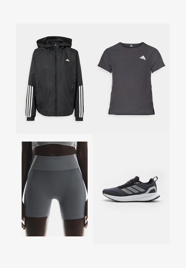 Jachetă ușoară neagră cu glugă, cu fermoar pe întreaga lungime, manșete elastice și accente albe cu trei dungi pe mâneci.; Tricou athletic cu mânecă scurtă, gri închis, cu textură perforată. Prezentă un logo alb și dungi contrastante pe laterale. Guler rotunjit.; Shorts atletici gri cu nervuri au o talie înaltă, o textură netedă și o formă slim, completate de un mic eticheta a brandului pe lateral.; Pantofii sport negri au un superior din plasă, o talpă intermediară albă, o talpă din cauciuc texturat și trei dungi gri pe lateral. Acestia dispun de șireturi și o bucată de prindere.