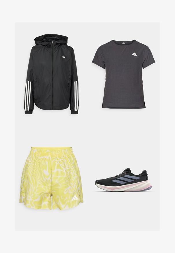 Mustikas kerge jope kapuutsiga, eesmise täispika zipiga, elastsete varrukate ja valgete kolme triibu aktsentidega varrukatel.; Lühikese varrukaga sportlik T-särk, tumehall, perforatsiooni tekstuuriga. Omab valget logo ja kontrastset külgtriipu. Ümar kaelus.; Erksin kollane spordilühikesed, millel on lainjad valged mustrid, elastne vöökoht ja külgehõiked. Ühel jalal on valge logo aktsent.; Musts jooksujalanõud, millel on võrgusilmast ülemine osa, heledad lillad aktsendid ja kolm horisontaalset halli triipu. Omab mugavat polsterdatud tallat.