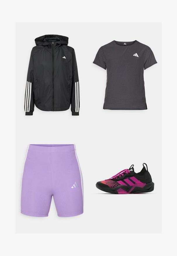 Casaco leve preto com capuz, apresentando um fecho de correr na frente, punhos elásticos e detalhes em branco com três riscas nas mangas.; T-shirt atlético de mangas curtas, cinza escuro com textura perfurada. Apresenta um logo branco e riscas laterais contrastantes. Decote arredondado.; Calções desportivos roxos com uma textura suave, apresentando riscas laterais brancas e um logo prateado no canto inferior esquerdo.; Sapatilha atlética preta e rosa com um upper texturizado, design padrão, atacadores proeminentes e uma sola robusta com detalhes em rosa.