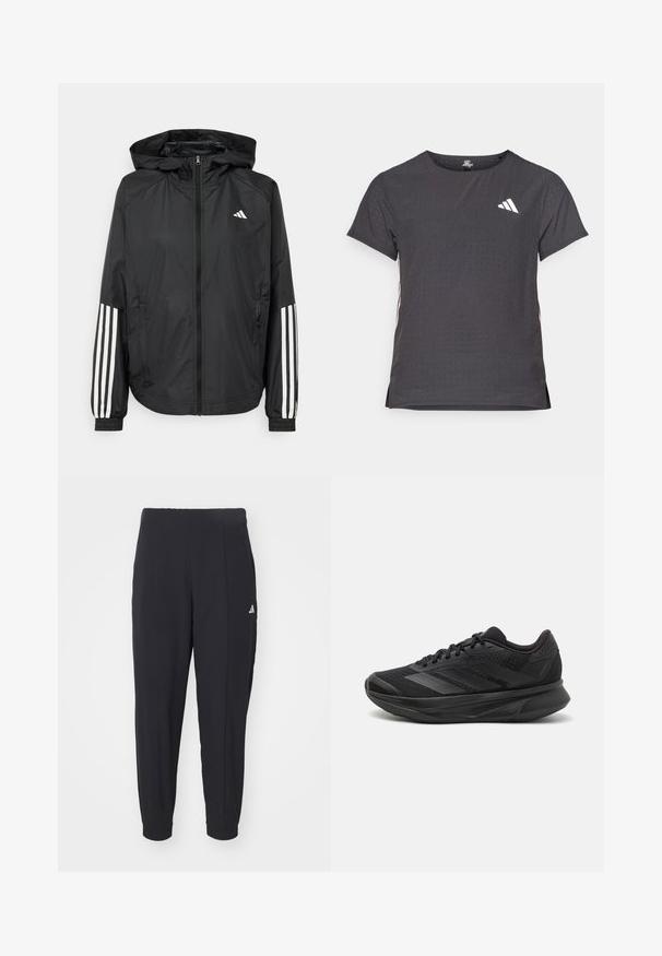 Musta kevyt takki hupparilla, jossa on täysipitkä vetoketju, elastiset hihansuut ja valkoiset kolmonauha-tyyliset yksityiskohdat hihoissa.; Lyhythihainen urheilupaita, tummanharmaa, jossa on reikäkudot. Ominaisuuksina valkoinen logo ja kontrastiväriset sivusuunnat. Pyöreä pääntie.; Mustat urheiluhousut, jotka on valmistettu sileästä kankaasta. Kapeneva malli ja joustavat hihansuut. Vasemmassa lantiossa pieni valkoinen logo.; Mustat juoksukengät, joissa on hengittävä verkkoyläosa, pyöreä varvas, sulavalinjainen muotoilu, teksturoidut yksityiskohdat ja pehmustettu pohja mukavuutta varten.