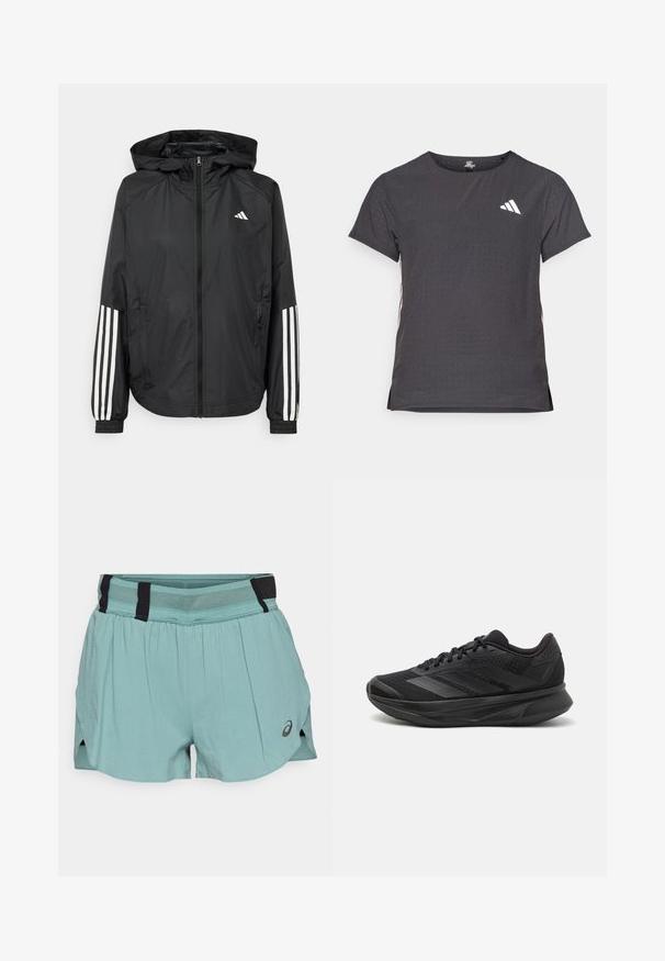 Crna lagana jakna s kapuljačom, s punim zdravo zatvaranjem, elastičnim manžetama i bijelim trostrukim trakama na rukavima.; Majica kratkih rukava za sport, tamno siva s perforiranim uzorkom. Ima bijeli logo i kontrastne bočne pruge. Zaobljeni izrez.; ASICS METARUN SPLIT SHORT - Sportske kratke hlače - celadon; Crne trkaće tenisice s prozračnom mrežastom gornjom konstrukcijom, zaobljenim prstima, elegantnim dizajnom, teksturiranim detaljima i mekanim potplatom za udobnost.