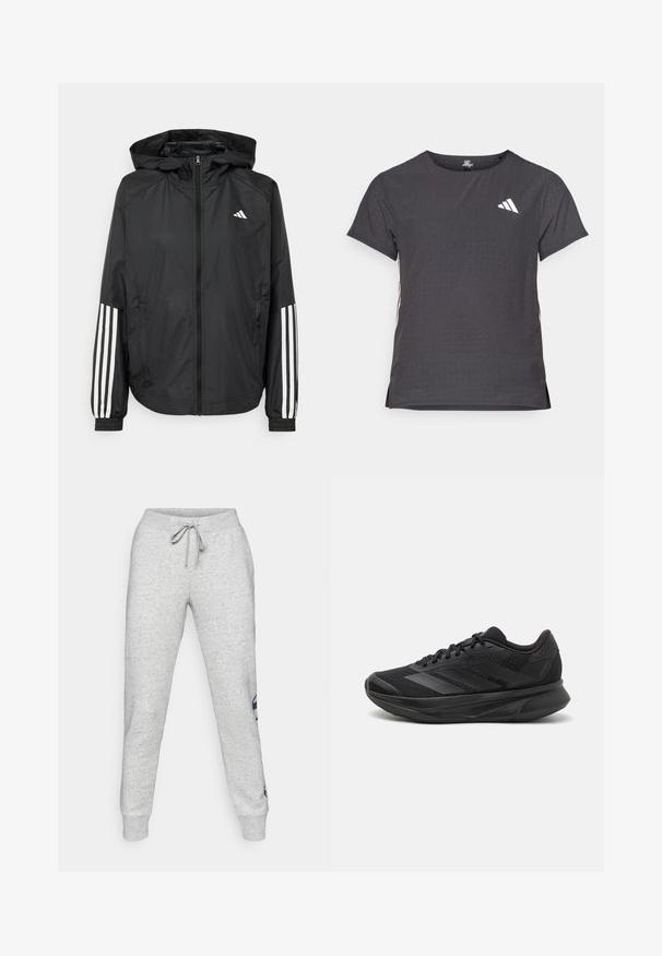 Veste légère noire avec capuche, dotée d'une fermeture à glissière intégrale, de poignets élastiques et d'accents blancs à trois rayures sur les manches.; T-shirt de sport à manches courtes, gris foncé avec une texture perforée. Présente un logo blanc et des rayures latérales contrastantes. Encolure arrondie.; Pantalons de survêtement en coton gris avec une taille à cordon, des poignets ajustés et un logo bleu marine imprimé sur le côté gauche. Texture lisse et douce.; Chaussure de course noire avec une tige en maille respirante, un bout arrondi, un design épuré, des accents texturés et une semelle rembourrée pour le confort.