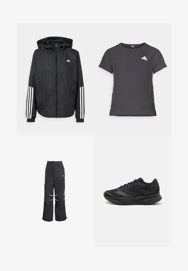 Zwarte lichtgewicht jas met een capuchon, met een volledige ritssluiting aan de voorkant, elastische manchetten en witte accenten met drie strepen op de mouwen.; Korte mouwen sport t-shirt, donkergrijs met geperforeerde textuur. Bevat een wit logo en contrasterende zijstrepen. Ronde halslijn.; Zwarte wijde broek met reflecterende details op de knieën, hoge taille met riemlussen en een ronde logo op de bovenste rechterdij.; Zwarte hardloopschoen met een ademende mesh bovenkant, ronde neus, slank ontwerp, textuuraccenten en een gevoerde zool voor comfort.