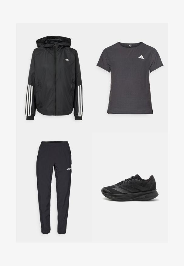 Veste légère noire avec capuche, dotée d'une fermeture à glissière intégrale, de poignets élastiques et d'accents blancs à trois rayures sur les manches.; T-shirt de sport à manches courtes, gris foncé avec une texture perforée. Présente un logo blanc et des rayures latérales contrastantes. Encolure arrondie.; Pantalon de sport noir en matériau léger et extensible, avec une taille élastique et des poches zippées sur les côtés. Présente un logo blanc sur la cuisse.; Chaussure de course noire avec une tige en maille respirante, un bout arrondi, un design épuré, des accents texturés et une semelle rembourrée pour le confort.