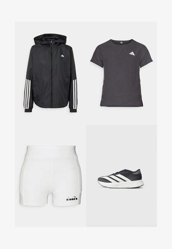Črna lahka jakna s kapuco, z polnim zadrgo spredaj, elastikami na zapestjih in belimi tridelnimi poudarki na rokavih.; Kratka športna majica s kratkimi rokavi, temno siva z perforirano teksturo. Ima bel logotip in kontrastne stranske črte. Okrogel ovratnik.; Bele atletske kratke hlače z oblikovanim krojem, narejene iz gladkega materiala, z črnim logotipom na spodnji levi strani.; Črne športne čevlje z belimi črtami, mrežastim zgornjim delom, oblazinjeno podplatom in elegantnim dizajnom. Sivi akcenti na peti in jezik.
