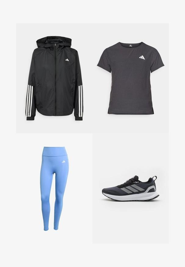 Sort letvægtsjakke med hætte, der har fuld lynlås fortil, elastiske manchetter og hvide tre-stribede detaljer på ærmerne.; Kortærmet atletisk t-shirt, mørkegrå med perforeret tekstur. Har et hvidt logo og kontrastfarvede sidelister. Rundet halsudskæring.; Blå sportsleggings lavet af strækbart stof. Høj talje design med et hvidt Adidas-logo på venstre side. Glat tekstur.; Sort atletisk sko med mesh-overdel, hvid mellemsål, tekstureret gummisål og tre grå striber på siden. Har snørebånd og en trækflap.