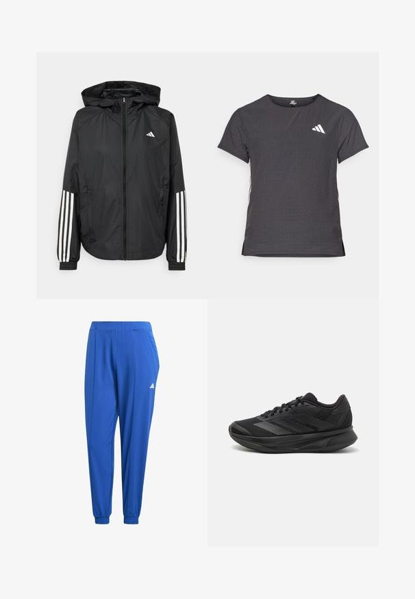 Musta kevyt takki hupparilla, jossa on täysipitkä vetoketju, elastiset hihansuut ja valkoiset kolmonauha-tyyliset yksityiskohdat hihoissa.; Lyhythihainen urheilupaita, tummanharmaa, jossa on reikäkudot. Ominaisuuksina valkoinen logo ja kontrastiväriset sivusuunnat. Pyöreä pääntie.; adidas Performance AEROREADY ESSENTIALS MINIMAL BRANDING WOVEN - Verryttelyhousut - semi lucid blue; Mustat juoksukengät, joissa on hengittävä verkkoyläosa, pyöreä varvas, sulavalinjainen muotoilu, teksturoidut yksityiskohdat ja pehmustettu pohja mukavuutta varten.