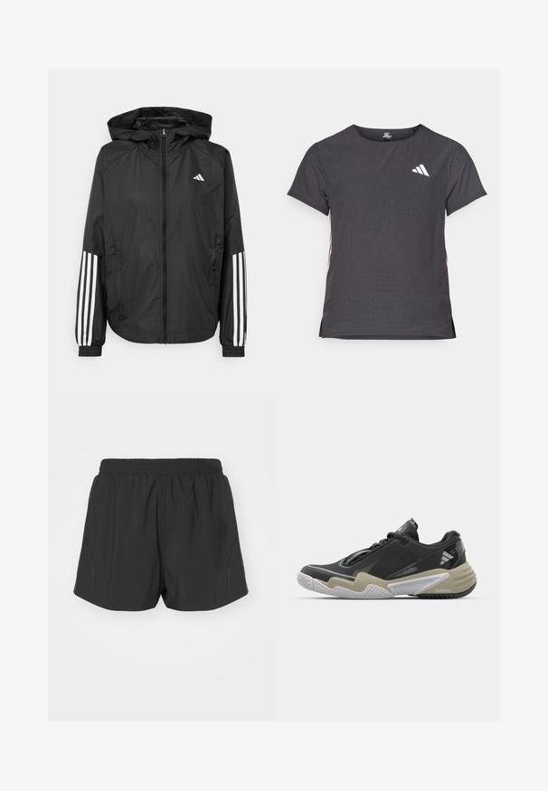 Čierna ľahká bunda s kapucňou, s celoprsným zipsom, elastickými manžetami a bielymi trojprúžkovými akcentmi na rukávoch.; Tričko s krátkym rukávom pre šport, tmavosivé s perforovanou textúrou. Obsahuje biele logo a kontrastné bočné pruhy. Okrúhly výstrih.; Čierne bežecké šortky s elastickým pásom, vyrobené z ľahkej tkaniny, s textúrovaným dizajnom a nenápadnými bočnými akcentmi.; Čierna a béžová športová obuv s textúrovaným vrchom, výrazným dizajnom podrážky, reflexnými akcentmi a systémom šnurovania. Ľahká konštrukcia.