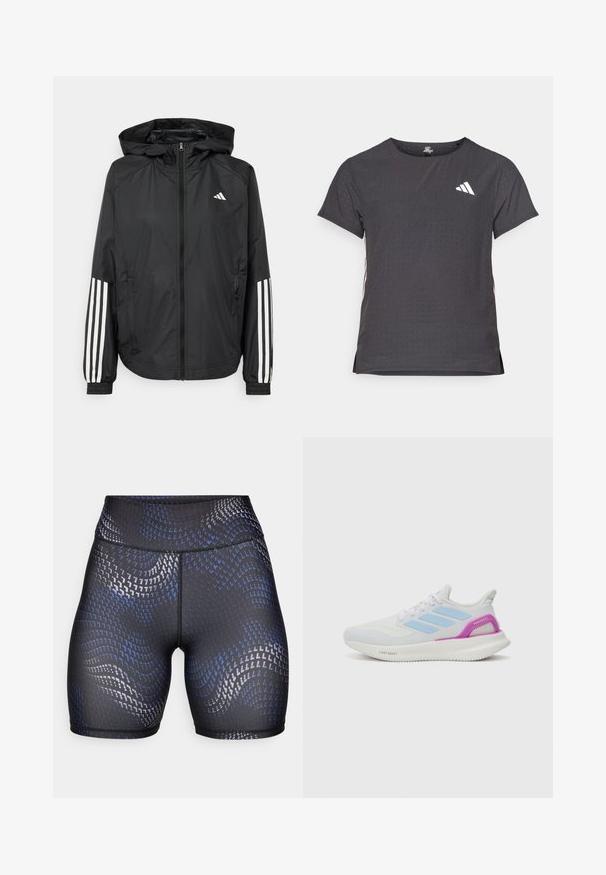 Crna lagana jakna s kapuljačom, s punim zdravo zatvaranjem, elastičnim manžetama i bijelim trostrukim trakama na rukavima.; Majica kratkih rukava za sport, tamno siva s perforiranim uzorkom. Ima bijeli logo i kontrastne bočne pruge. Zaobljeni izrez.; Crne kratke hlače visokog struka od rastezljivog materijala s valovitim plavim i srebrnim uzorkom. Glatka tekstura s kontrastnim detaljima šivanja.; adidas Performance PUREBOOST 5 - Tenisice za cestovno trčanje - white/glow blue/purple burst