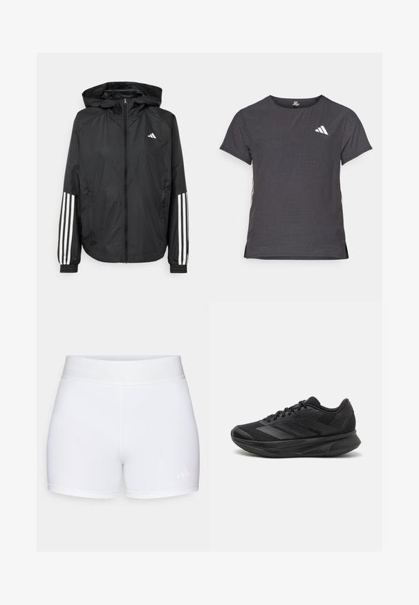 Mustikas kerge jope kapuutsiga, eesmise täispika zipiga, elastsete varrukate ja valgete kolme triibu aktsentidega varrukatel.; Lühikese varrukaga sportlik T-särk, tumehall, perforatsiooni tekstuuriga. Omab valget logo ja kontrastset külgtriipu. Ümar kaelus.; Valged spordilühikesed, millel on sile tekstuur, elastne vöökoht koos kõrgendatud logoga ning minimalistlik disain.; Mustad mustas jooksujalats, millel on hingav võrgust ülemine osa, ümardatud varvas, sujuv disain, tekstuuriga aktsendid ja mugavust tagav pehmendatud tald.