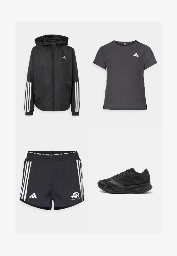 Zwarte lichtgewicht jas met een capuchon, met een volledige ritssluiting aan de voorkant, elastische manchetten en witte accenten met drie strepen op de mouwen.; Korte mouwen sport t-shirt, donkergrijs met geperforeerde textuur. Bevat een wit logo en contrasterende zijstrepen. Ronde halslijn.; Zwarte hardloopshorts met een wit drie-strepenontwerp, een elastische tailleband met de tekst "RUNNING" en het "AR"-logo aan de onderkant links.; Zwarte hardloopschoen met een ademende mesh bovenkant, ronde neus, slank ontwerp, textuuraccenten en een gevoerde zool voor comfort.
