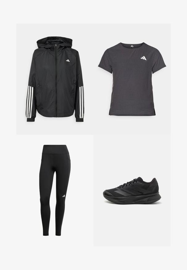 Zwarte lichtgewicht jas met een capuchon, met een volledige ritssluiting aan de voorkant, elastische manchetten en witte accenten met drie strepen op de mouwen.; Korte mouwen sport t-shirt, donkergrijs met geperforeerde textuur. Bevat een wit logo en contrasterende zijstrepen. Ronde halslijn.; Zwarte sportleggings met een hoge tailleband, gemaakt van rekbare stof; heeft een zijzak en een klein wit logo nabij de zoom.; Zwarte hardloopschoen met een ademende mesh bovenkant, ronde neus, slank ontwerp, textuuraccenten en een gevoerde zool voor comfort.