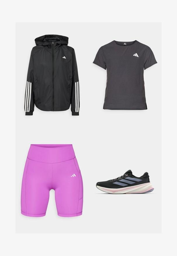 Mustikas kerge jope kapuutsiga, eesmise täispika zipiga, elastsete varrukate ja valgete kolme triibu aktsentidega varrukatel.; Lühikese varrukaga sportlik T-särk, tumehall, perforatsiooni tekstuuriga. Omab valget logo ja kontrastset külgtriipu. Ümar kaelus.; adidas Performance OPTIME LEGGINGS - Retuusid - purple burst; Musts jooksujalanõud, millel on võrgusilmast ülemine osa, heledad lillad aktsendid ja kolm horisontaalset halli triipu. Omab mugavat polsterdatud tallat.