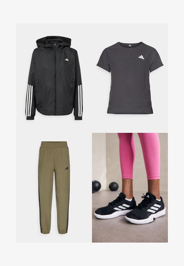 Chaqueta ligera negra con capucha, que cuenta con un cierre frontal de cremallera completa, puños elásticos y acentos blancos de tres rayas en las mangas.; Camiseta atlética de manga corta, gris oscuro con textura perforada. Presenta un logo blanco y rayas laterales en contraste. Escote redondeado.; Pantalones deportivos verde oliva con cintura elástica, rayas laterales negras y acento del logo de Adidas. Hechos de material suave y ligero.; Zapatillas deportivas negras con rayas blancas, parte superior de malla texturizada y suela blanca. Combinadas con leggings rosa, exhibiendo ropa de entrenamiento.