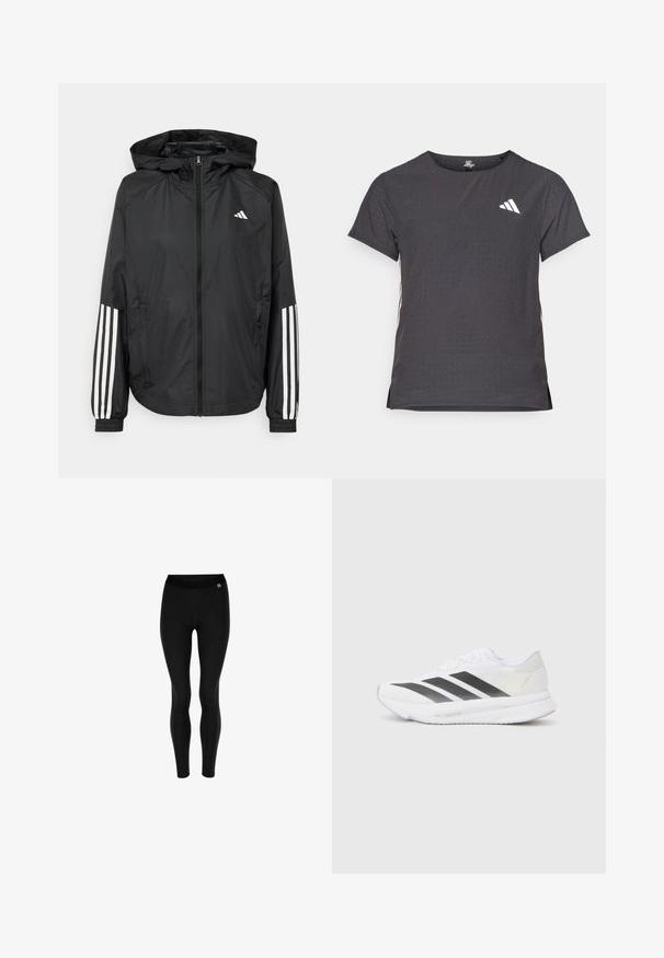 Giacca leggera nera con cappuccio, caratterizzata da una zip frontale completa, polsini elastici e accenti bianchi a tre strisce sulle maniche.; T-shirt atletico a maniche corte, grigio scuro con texture perforata. Presenta un logo bianco e strisce laterali a contrasto. Girocollo.; Leggings nere realizzate in tessuto elastico, con vita alta e una texture liscia. Senza motivi; design semplice e aderente.; Scarpa sportiva bianca con strisce diagonali nere, tomaia in rete, punta arrotondata e suola testurizzata. Gli accenti includono un tallone argentato e un design minimalista.