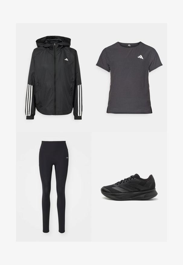 Svart lätt jacka med huva, som har full dragkedja framtill, elastiska ärmslut och vita tre-stripes accenter på ärmarna.; Kortärmad atletisk t-shirt, mörkgrå med perforerad textur. Har en vit logotyp och kontrasterande sidostripes. Rundad halsringning.; Svarta leggings i stretchigt material, hög midja, slät textur, med sömdetaljer och en liten logotyp.; Svart löparskor med ett andningsbart mesh-övre, rund tå, elegant design, texturerade accenter och en dämpad sula för komfort.
